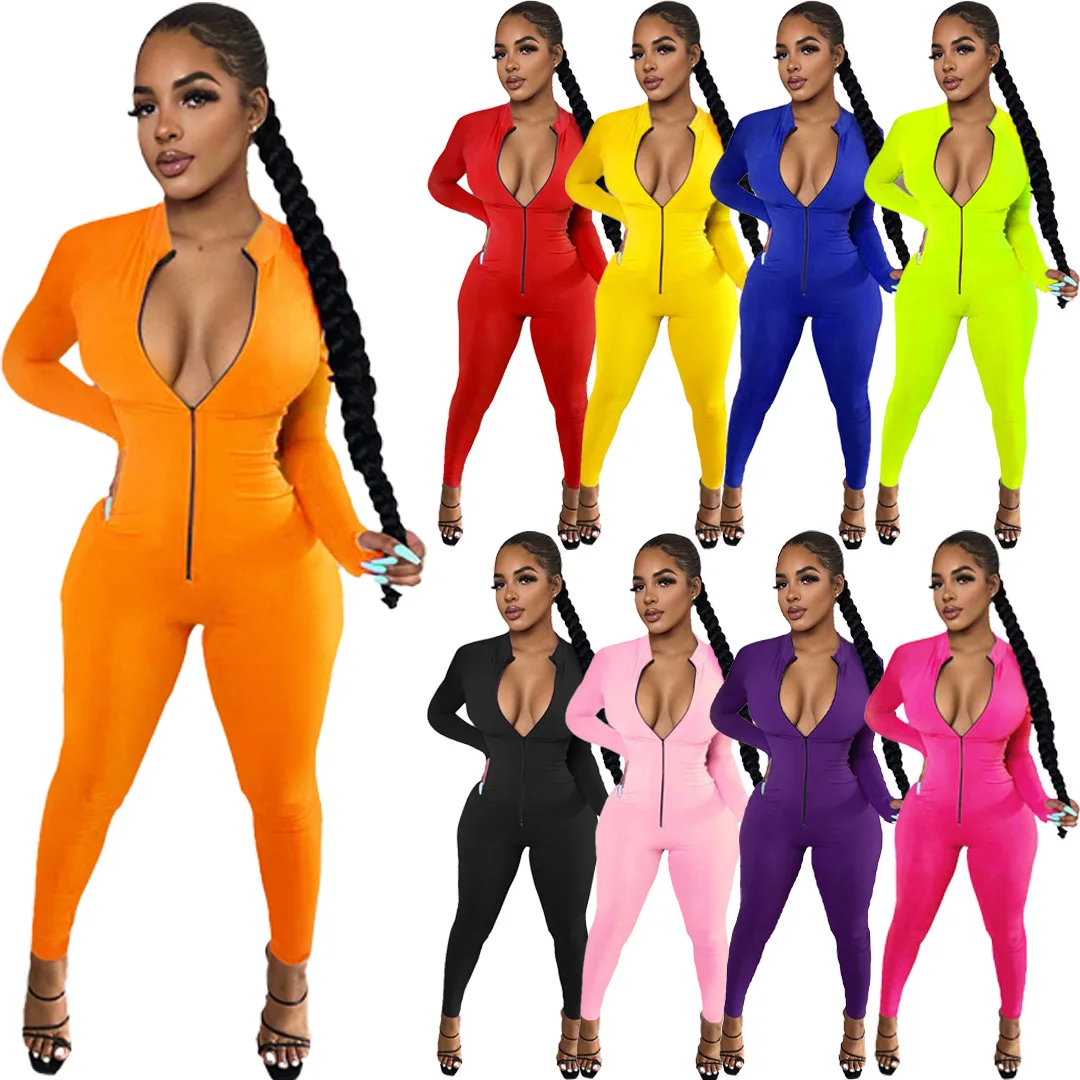 

Sexy Solid Color Plus Size Zipper Fitness Yoga Running Sports Long Sleeve Jumpsuit With Pencil Pant, 9 colors