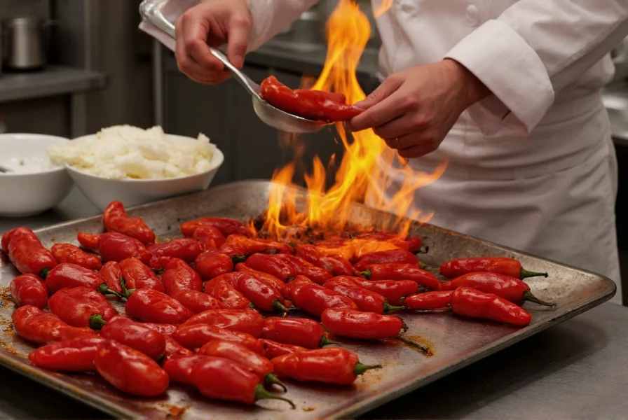 Professional chef roasting red peppers over open flame for deli specialty spreads
