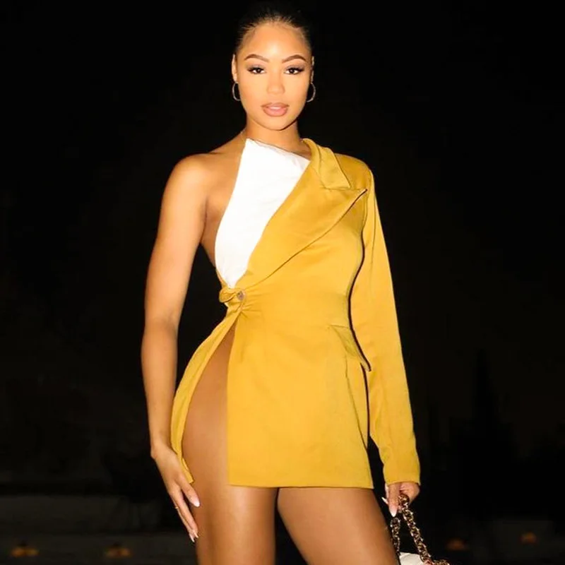 

Factory Sale Design Sense Ladies Blazer Coat Fake Two-piece Contrast Color Lapel Slanting Shoulder Women Backless Jacket
