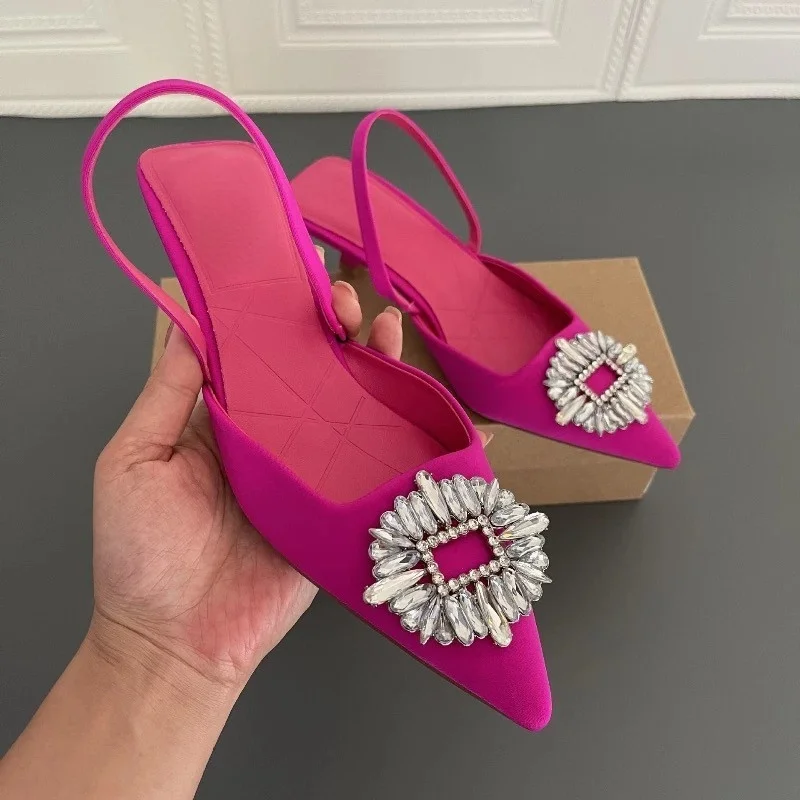 

Zapatos De Mujer Elegante Rhinestone Low Slippers Chaussures Femmes Women Kitten Heels Mules Shoes, Rosy pink, blue, black