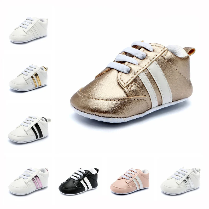 

Baby Pu Leather Shoes Sports Sneakers Newborn Baby Boys Girls Stripe Pattern Shoes Infant Toddler Soft Anti-slip Shoes B1, As photo