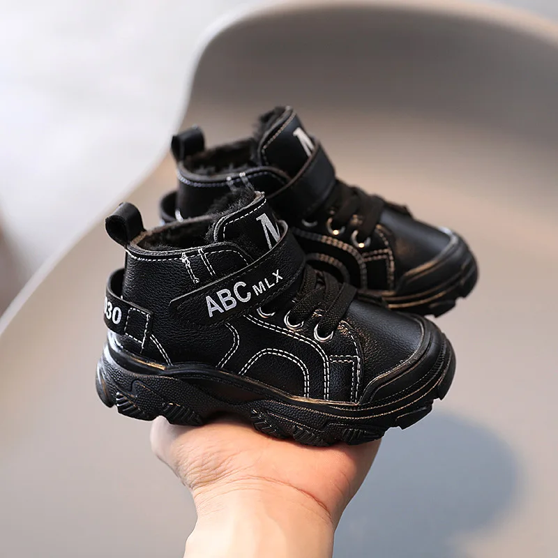

New letter-print thicken leather waterproof warm winter baby kids children shoes, Black/white