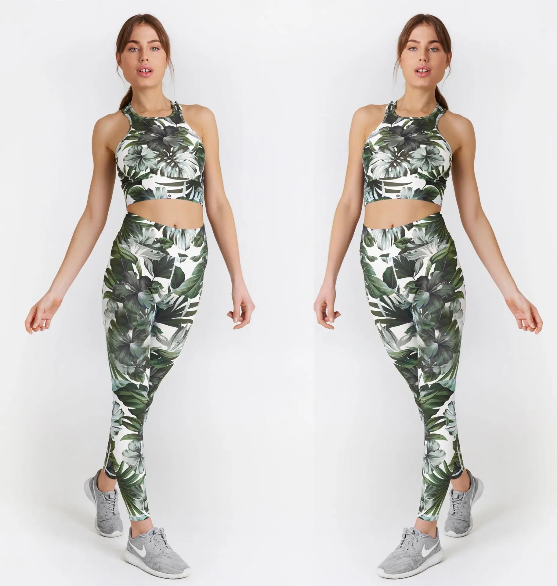 

Two Pieces Gym Yoga Clothing Green Halter Sports Crop Tank Top Tube Bra and High Waist Leggings Workout Suit Set