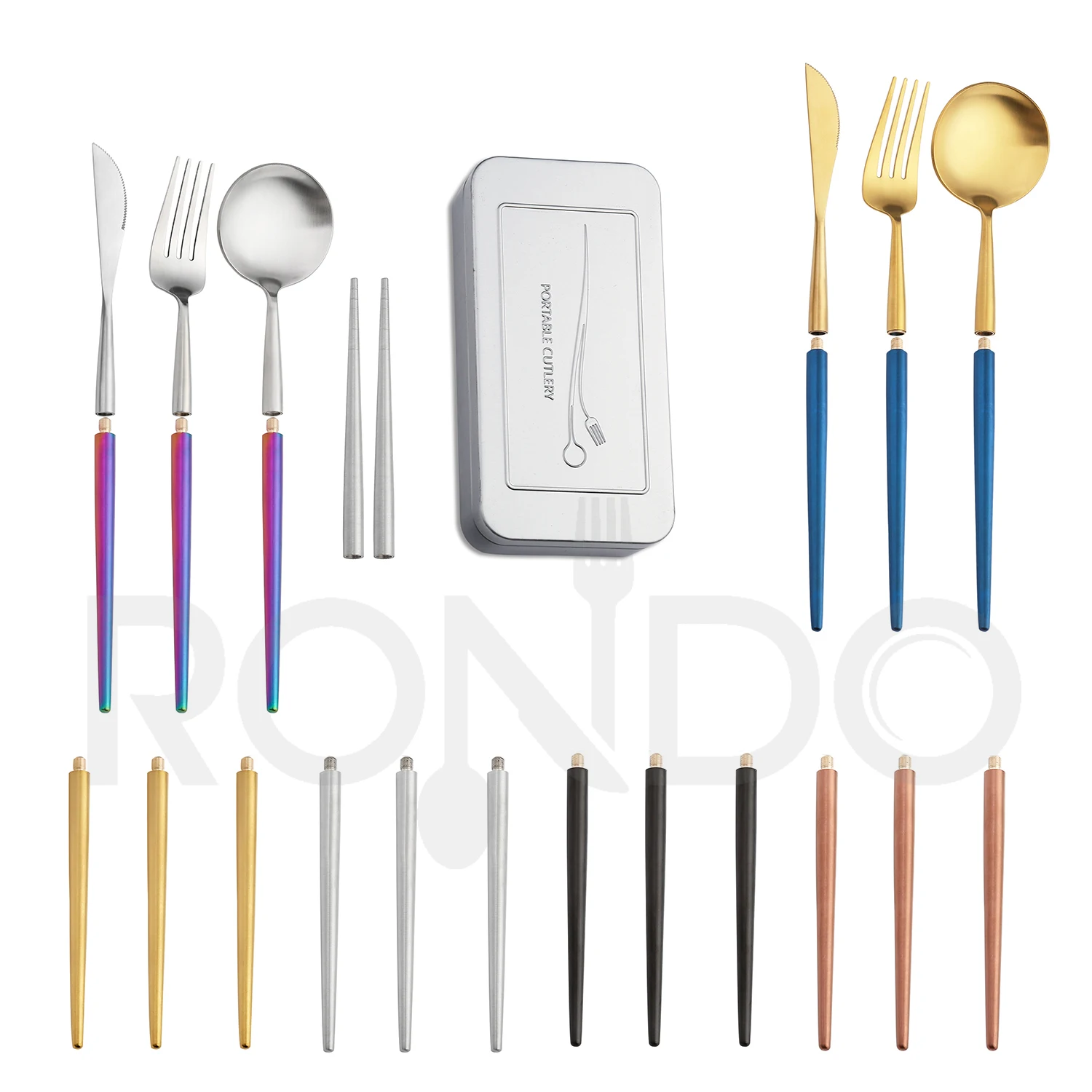 

Split design screw-off Portable Collapsable Stainless Steel 4 pcs Knife Spoons Forks Chopsticks Removable Travel Cutlery Set