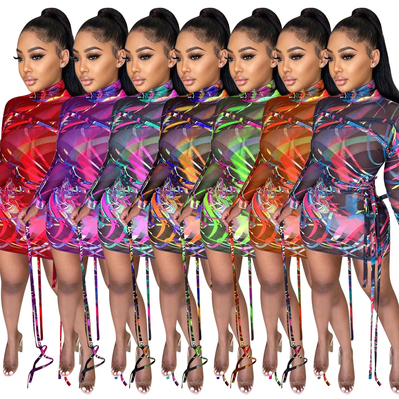 

See-Through Multilayer Cloth Circle Bodycon Dress Women Personality Mesh Streetwear 2021 Club Activity Wild Clothes, Shown