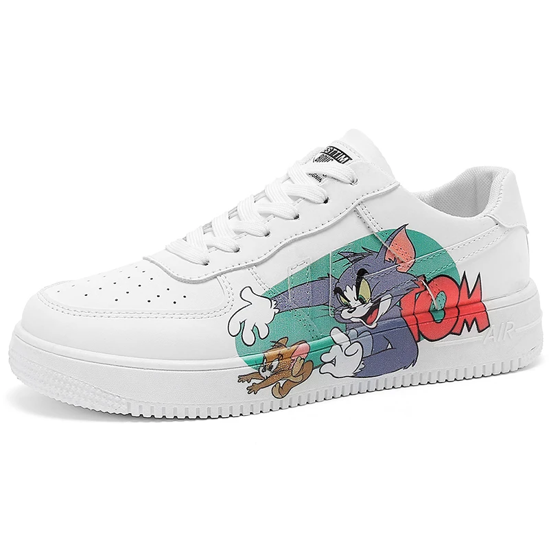 

Hot Sale Tom And Jerry Men Anime Sneakers PU Leather Men Leisure Shoes, White short,white top