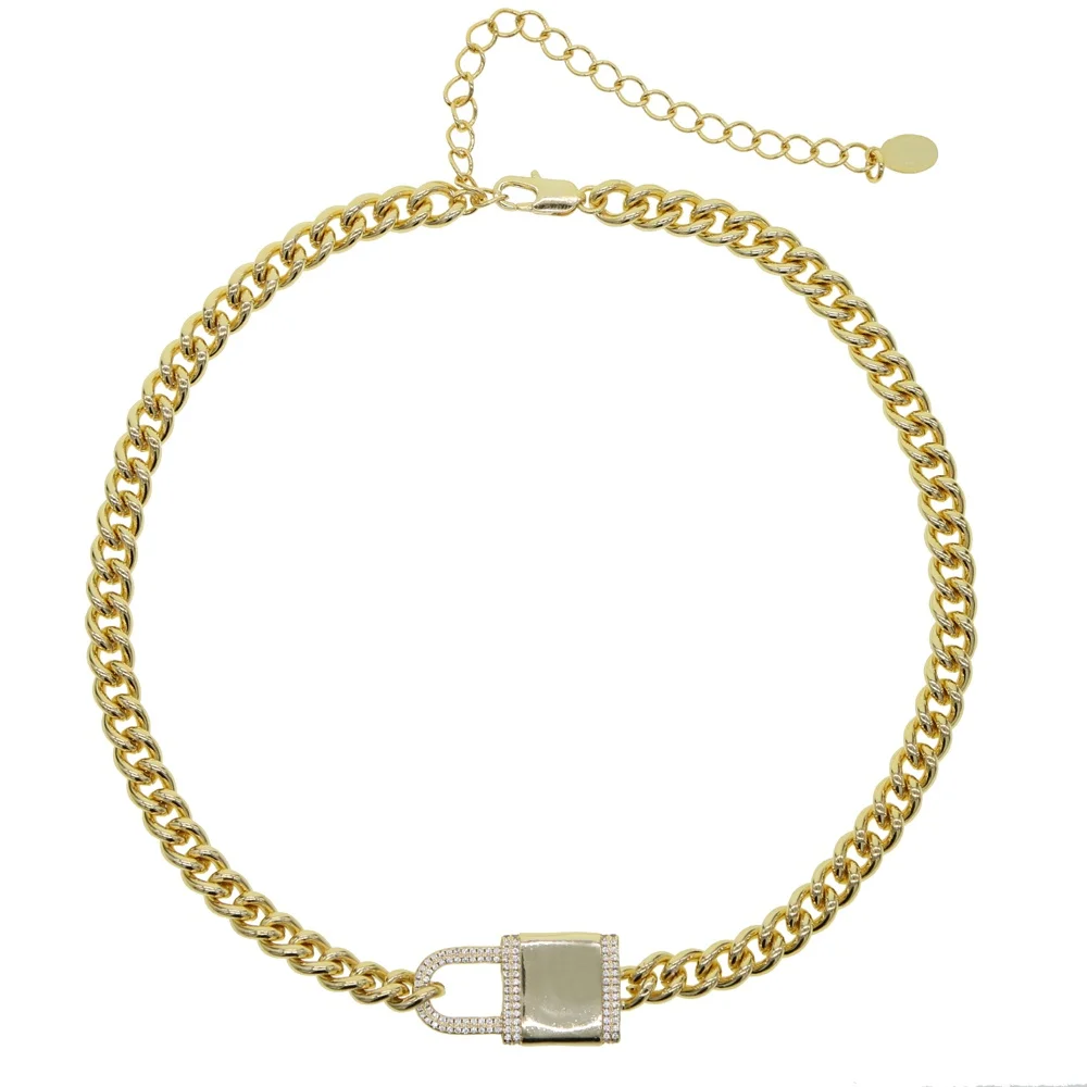 

wide heavy curb cuban link chain micro pave cz lock pendant Gold color hip hop women necklace 35+10cm