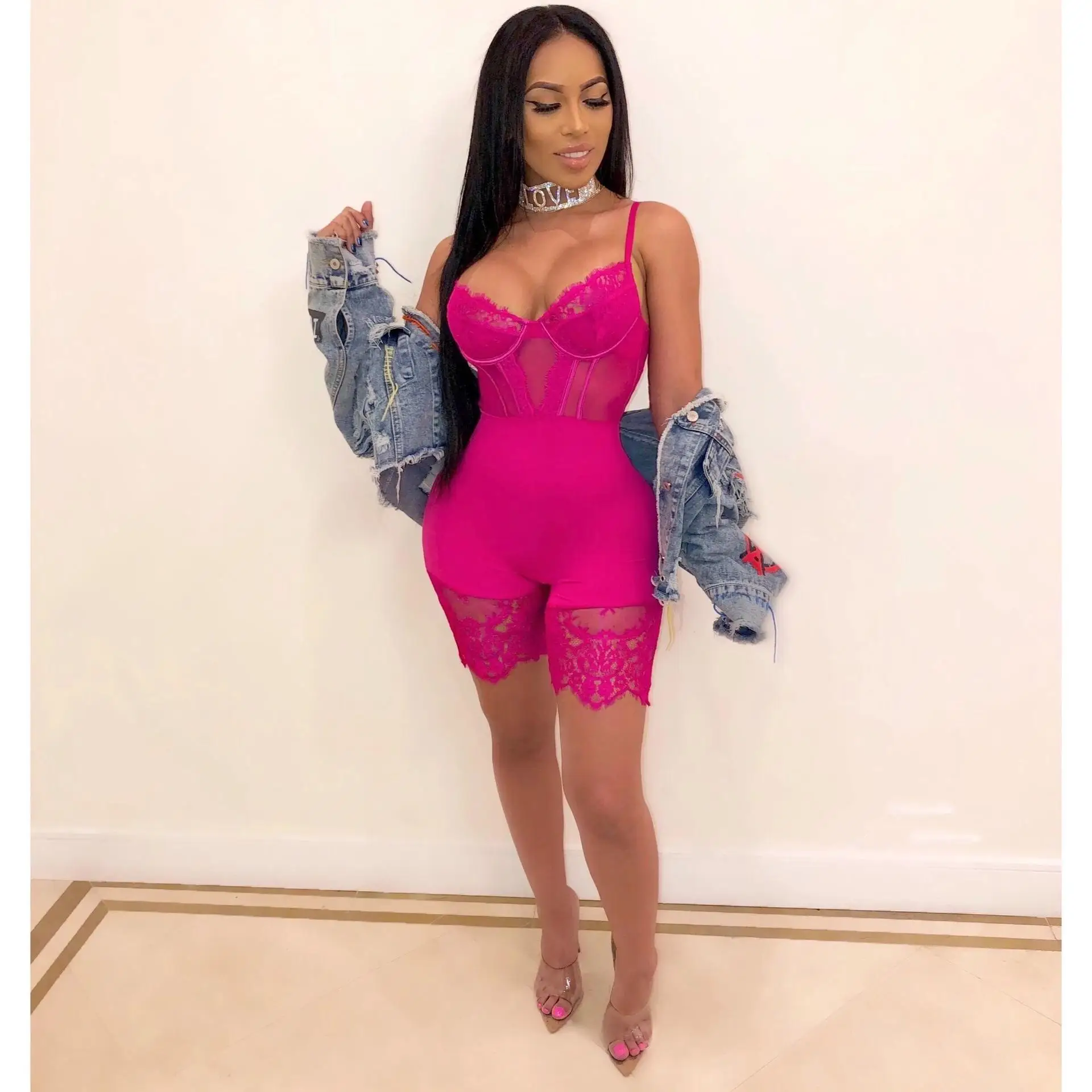 

Sexy suspender jumpsuit lace hollow stitching fitting leggings back hollow corset for women, Picture