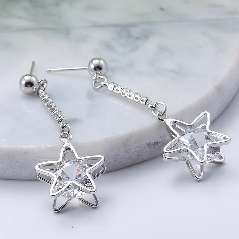 

Silver anti-allergy double star earrings elegant zircon diamond long earrings Japanese & Korean fashion earrings
