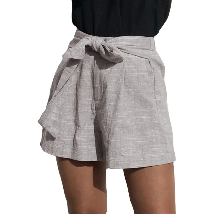

Wholesale Fashion Loose High Waist Flax Short With Pocket For Women, Gary/black/blue