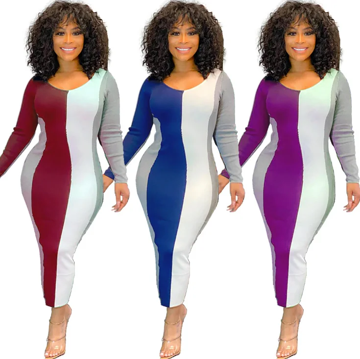 

2021 Round Neck Long sleeve Bodycon Maxi Elegant Women Autumn Party Long Casual Dress