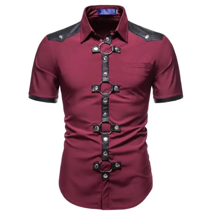 New Men's Punk Gothic Style Rivet Short Sleeved Shirt Black Performance Costume for Stage Party