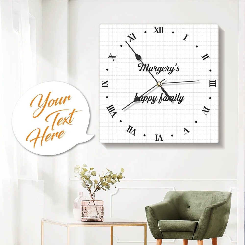 

Custom White Engraved Square Clock Wall Modern Design High Quality Frameless Quartz Wall Clock for Home Decorative Living Room, White, black, grey, wooden