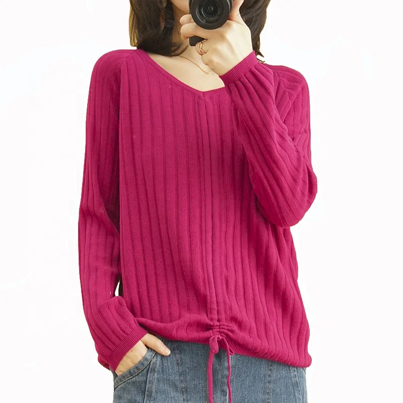 

Plus Size 100% Cotton Sweater 2020 New Fashion V-Neck Striped Drawstring Knitwear Solid Color Lace Up Women's Pullover Sweaters, 8 solid colors as shown