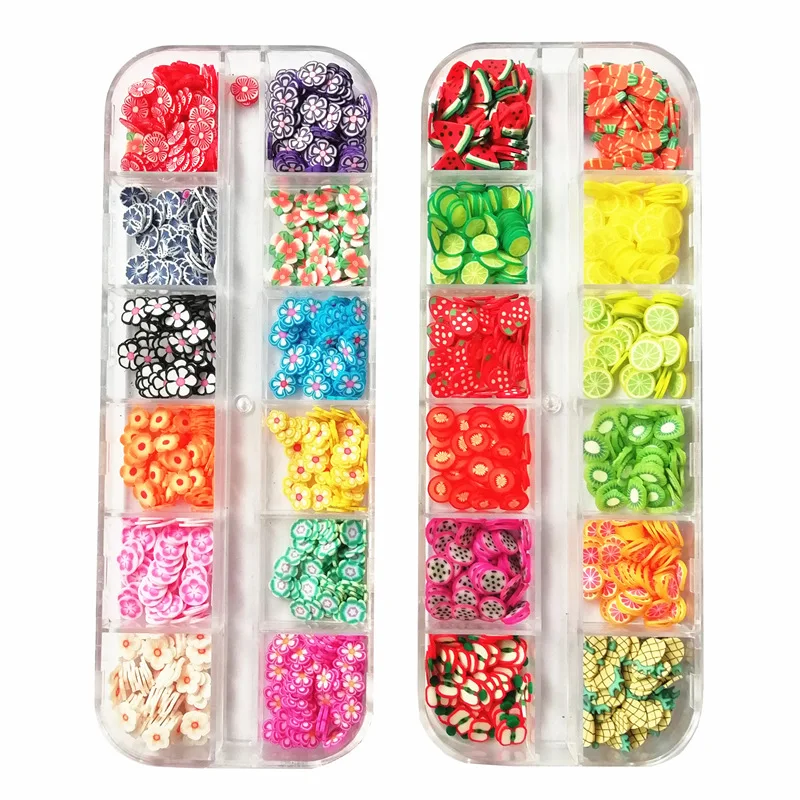 

12 grid a box of nail art soft pottery slice flower fruit style used for nail decoration, 12 colors