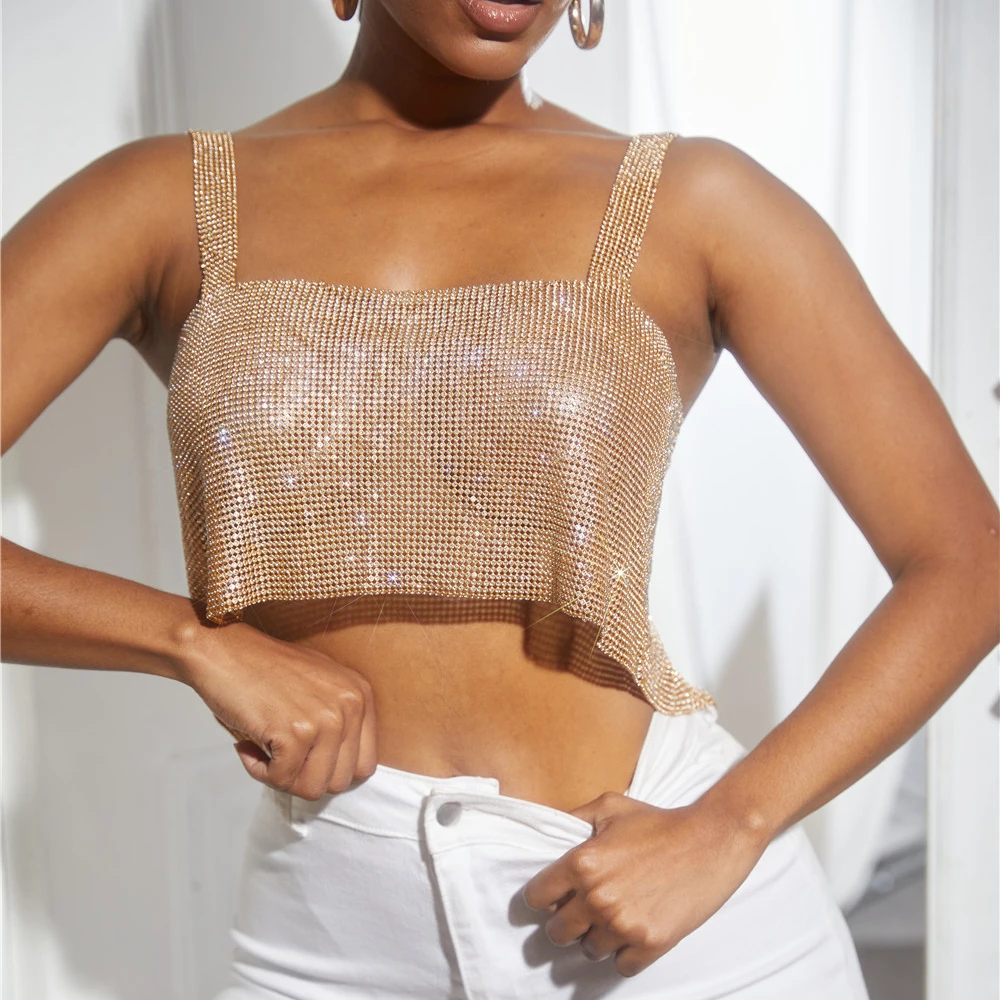 

Bling Rhinestones Party Crop Top 2022 Fashion Solid Backless Straps Full Diamonds Sequins Cami Cropped Top for Women