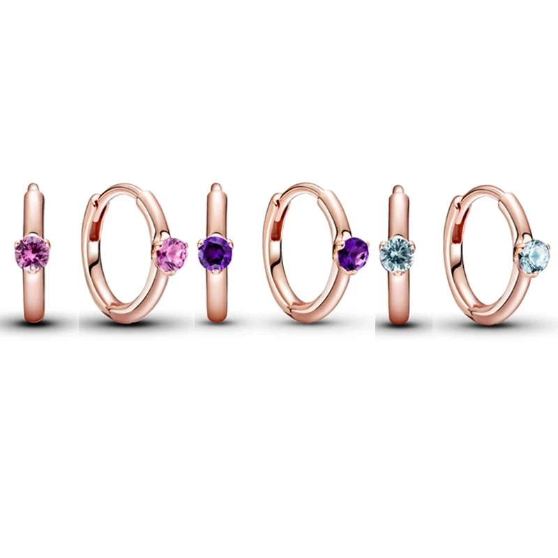 

Original 925 Sterling Silver Pink Purple Single Stone Embrace Earrings With Crystal Women's Wedding Party Gift European Jewelry