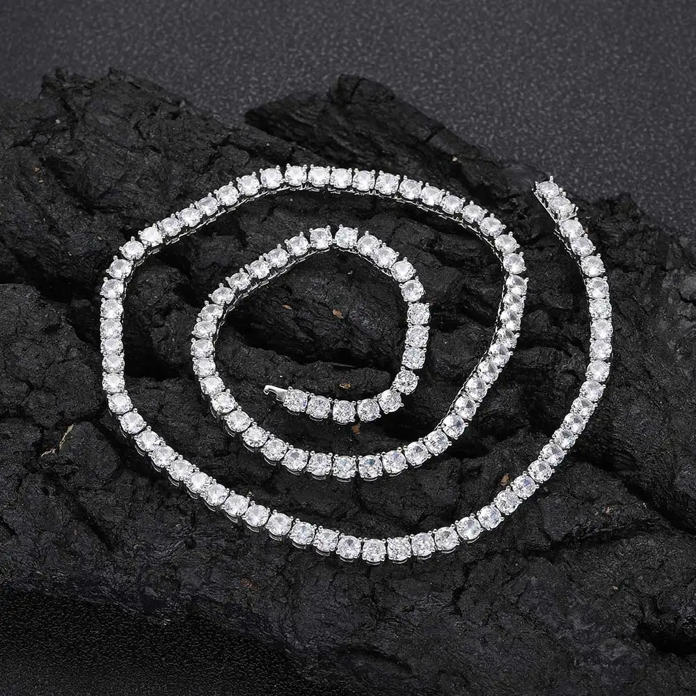 NUOYA 4mm Iced Out CZ Crystal Clasp Tennis Chain Silver Plated Chain Shiny Diamond Hip Hop Style Necklace