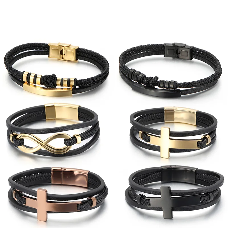 

KALEN Magnetic Clasp Cowhide Leather Bangle Bracelet Stainless Steel Braided Leather Bracelet Multilayer For Men