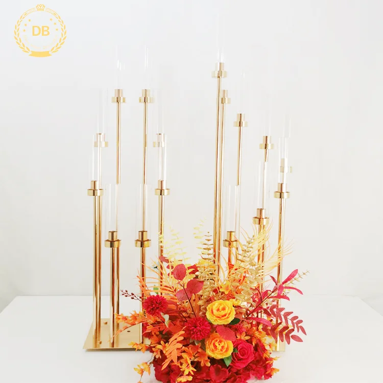 Hot Sell 8 Arms Glass Tube Table Decoration Metal Gold Wedding Candelabra Wedding Centerpiece