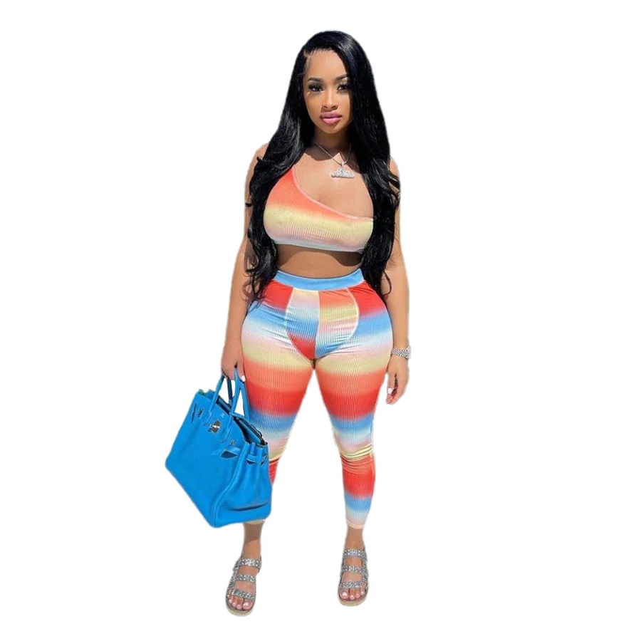 

2021 New Summer One Shoulder Gradient Printed Colorful Crop Top Pant Sporty Suit Street Casual Two Pieces Outfit For Women