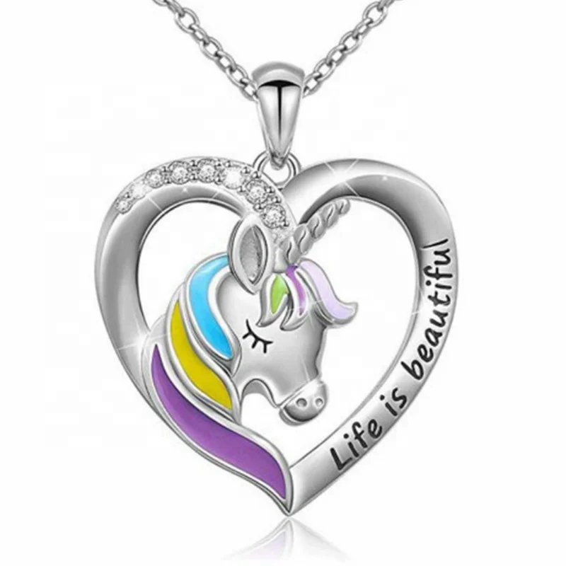 

Hot Sale Enamel Colorful Women Girl Heart Necklace Fashion Unicorn Necklace, Silver,gold