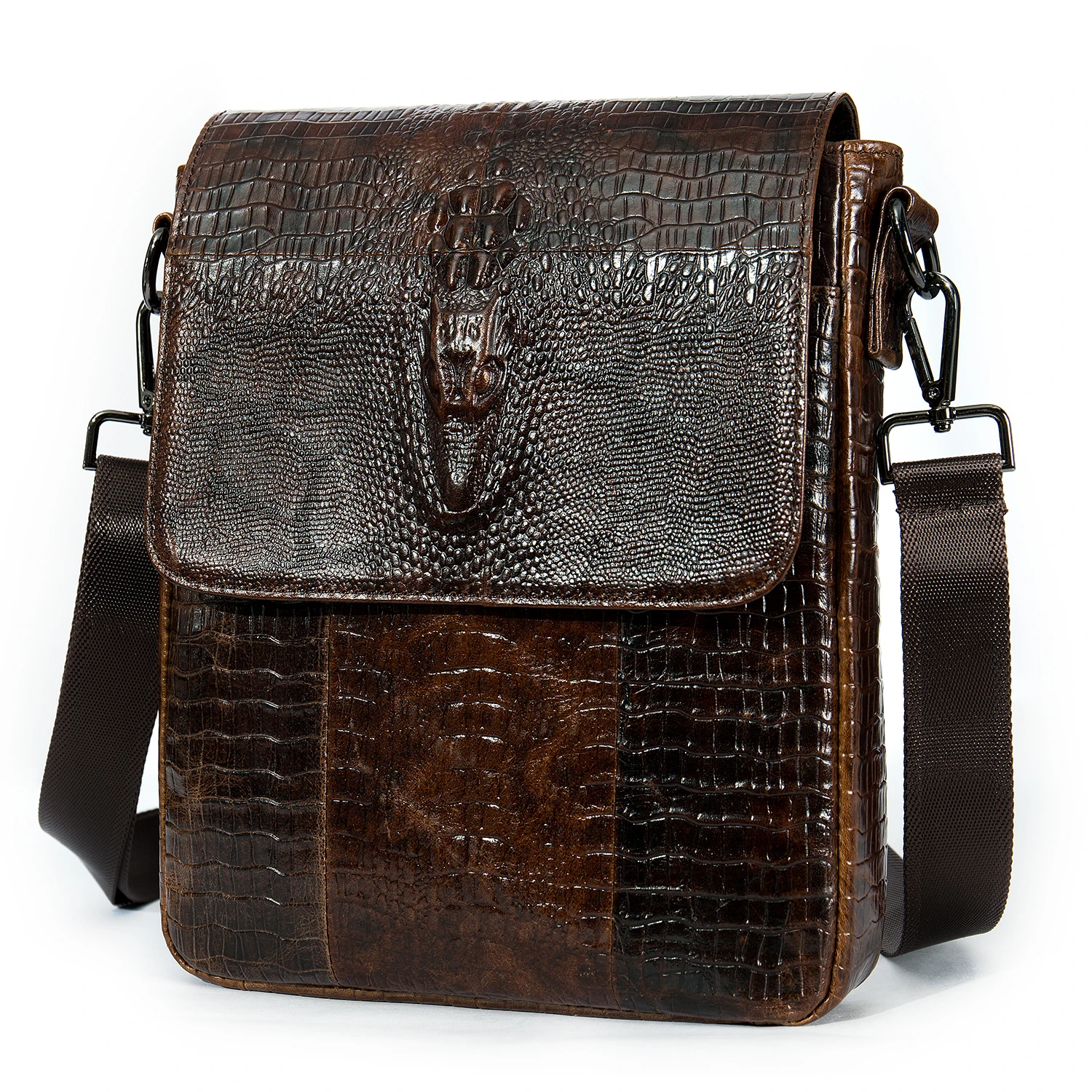 

Amazon Hot Selling 8857 Novelty Crocodile Embossed genuine Leather Flap Messenger Bag for Men Small Crossbody Shoulder Bag, Coffee,black