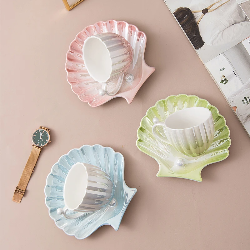

Flypeak New design ceramic coffee mug tazas cup and saucer set porcelain Pearl shell ceramic Coffee tea Cup and saucer sets, Customized color