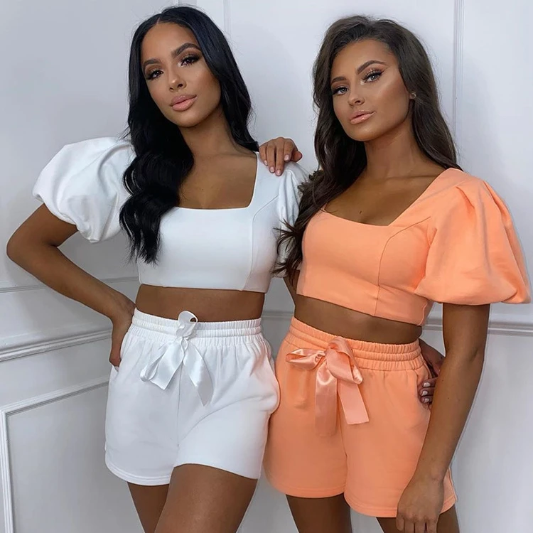 

2021 Women Clothing Square Neck Puff Sleeve Crop Tops and Shorts Summer 2 Two Piece Short Set, 4 colors