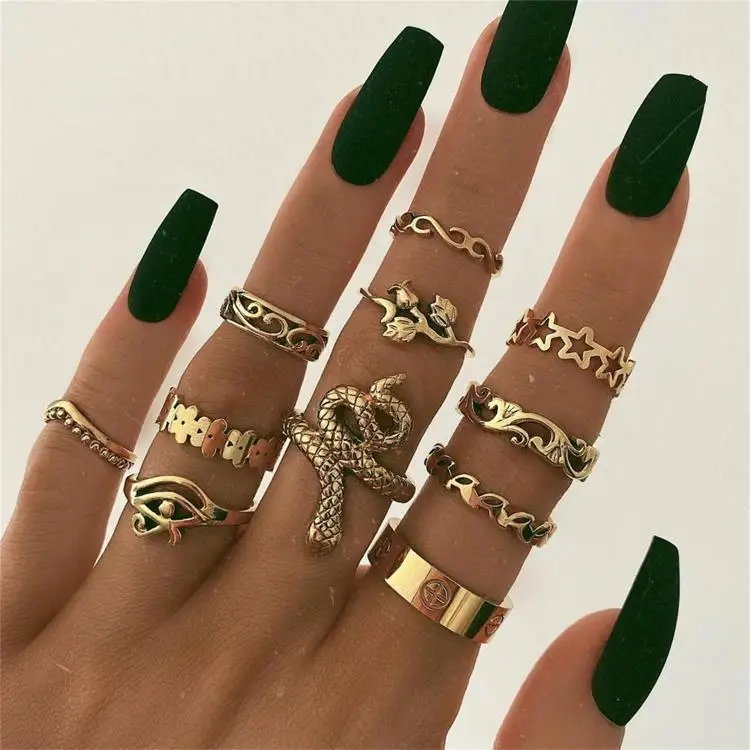 

GOGO JEWELRY Vintage Gold Color Plated 11 pcs Cluster Rings set Snake Hollow Star Finger Rings for Women, White