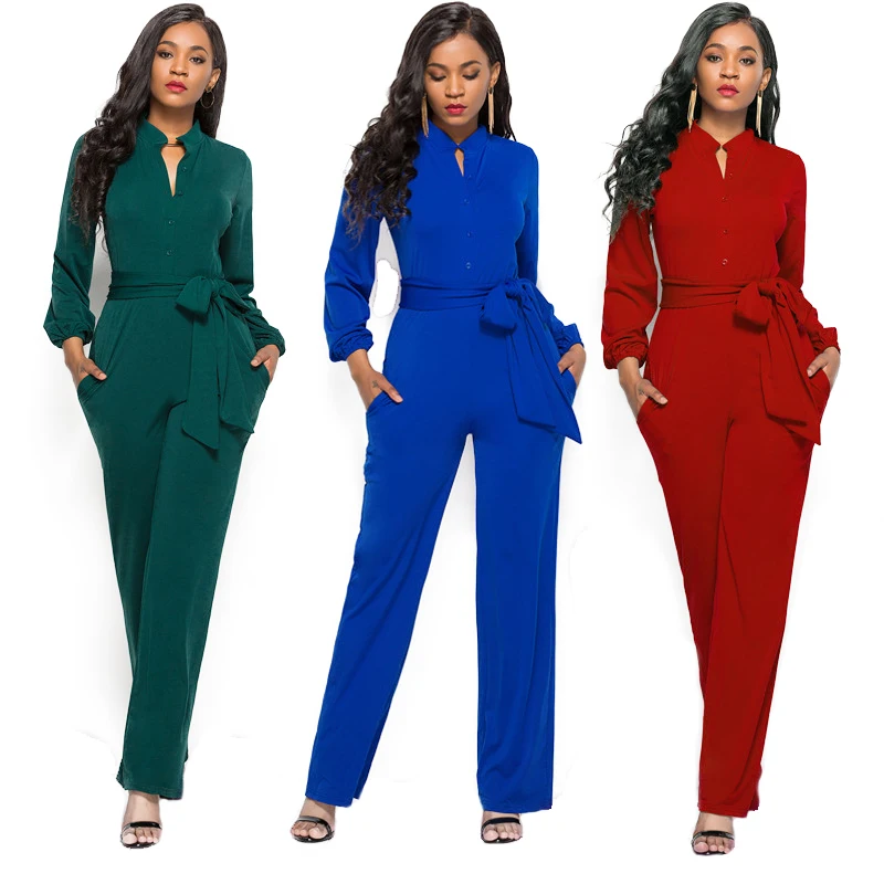 

High Quality Buttons Solid Color Waist Tie Long Sleeve Elegant Wide Leg Jumpsuits One Piece Jumpsuit