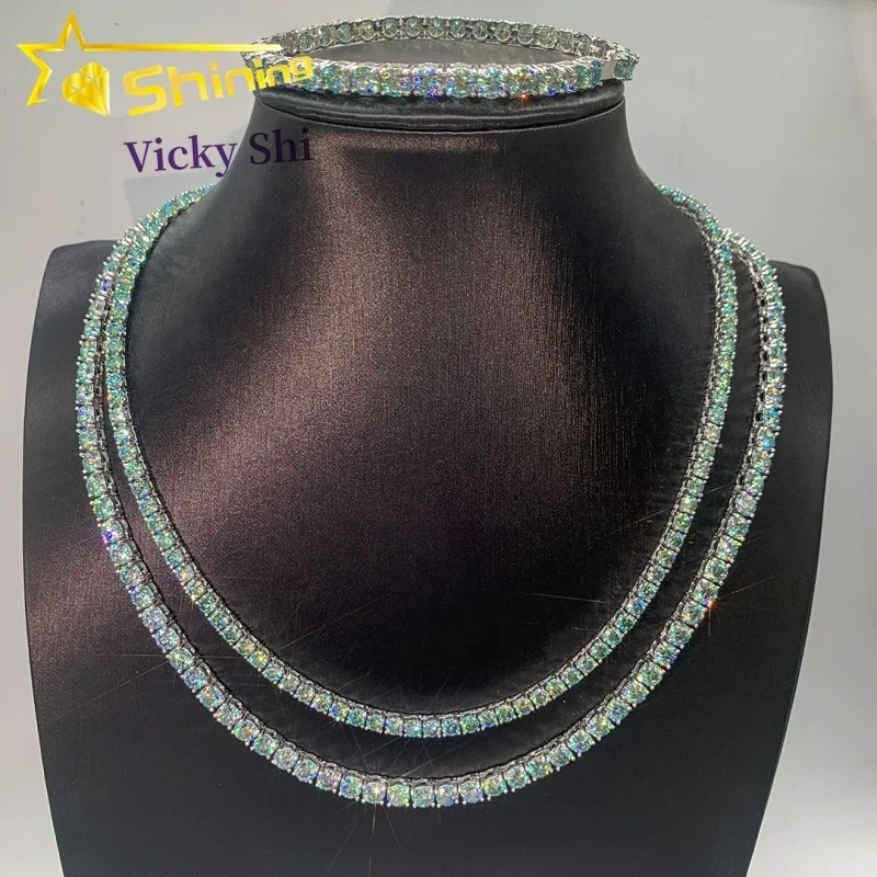 

Hot sell 925 Silver Hip Hop Jewelry Pass Diamond Tester Green Blue 3mm Moissanite Tennis Chain Bracelet & Necklace