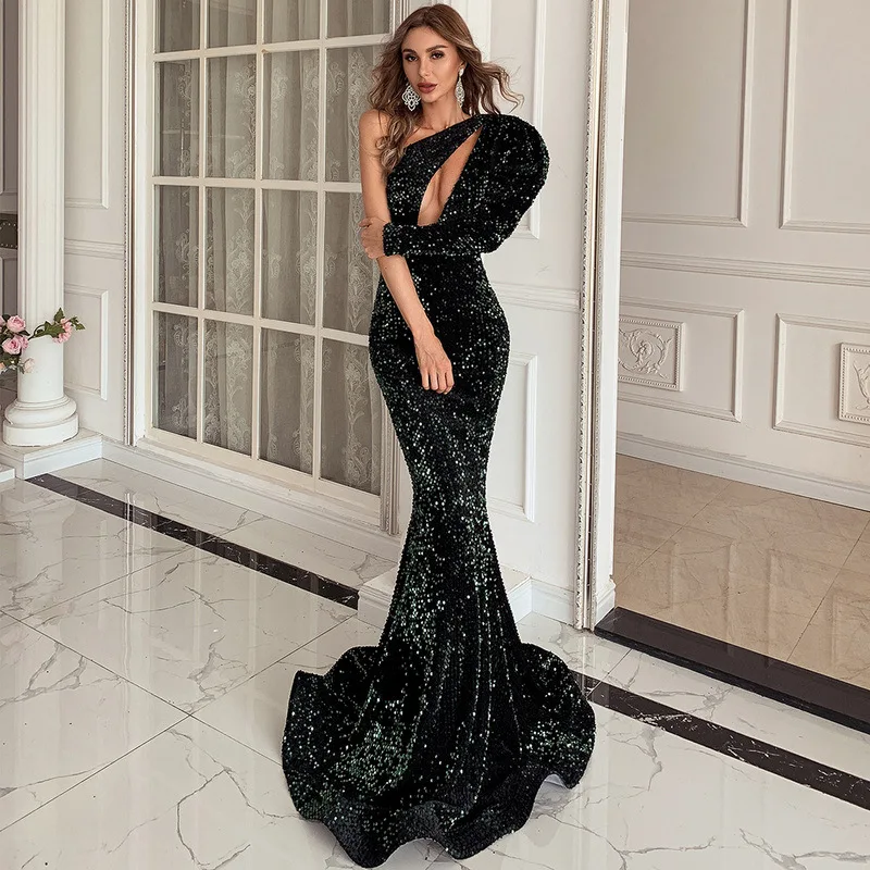 

Luxury Elegent Long Sleeve Backless Sequin Slim Fitted Tail Cocktail Formal Hollow Out Wedding Party Long Gown Evening Dresses, As model colour