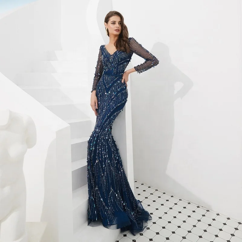 

ASA91693 Luxury Sequined beads long sleeve Night gown mermaid Sexy evening dress, Same as picture