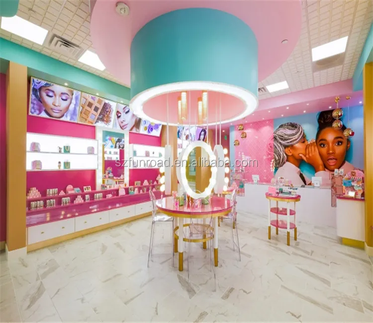 fashionable and custom made cosmetic display kiosk furniture for makeup with lighting