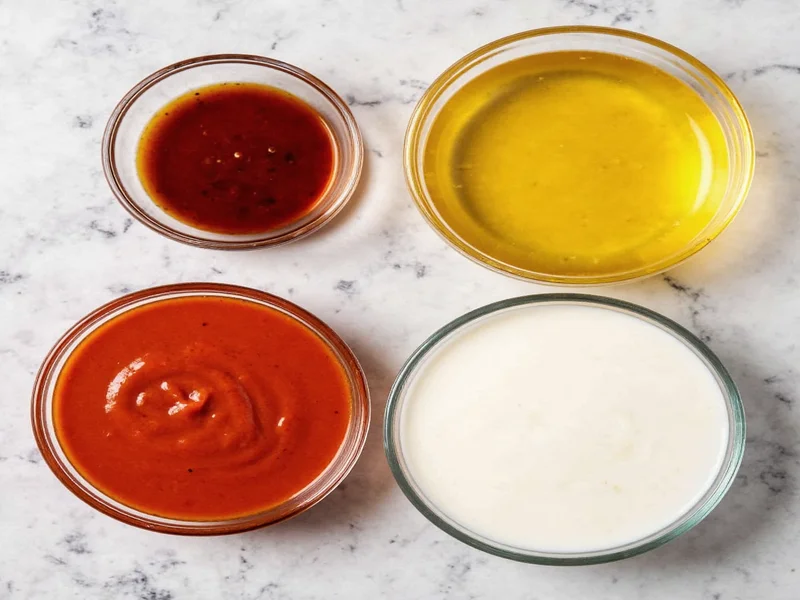Homemade wing sauce ingredients in glass bowls