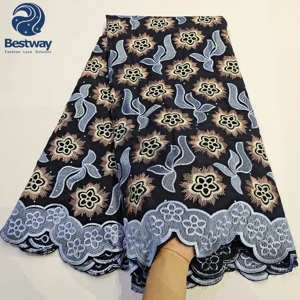 

New navy blue swiss voile lace fabric with stone, Multi-color