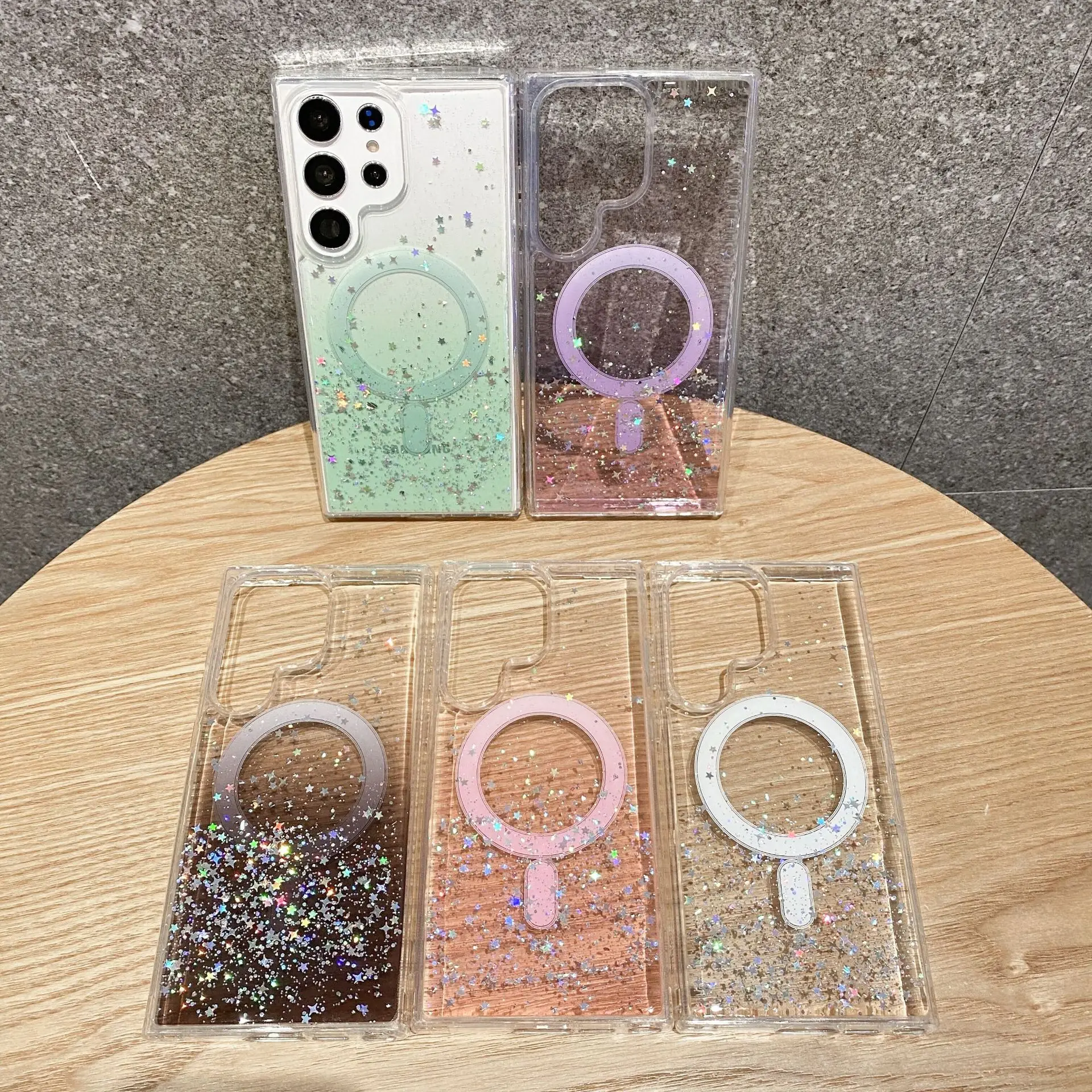 

New Design TPU Epoxy Gradient Sequins Glitter Clear Magnetic Wireless Charge Phone Cover for Samsung S24 S23 plus ultra