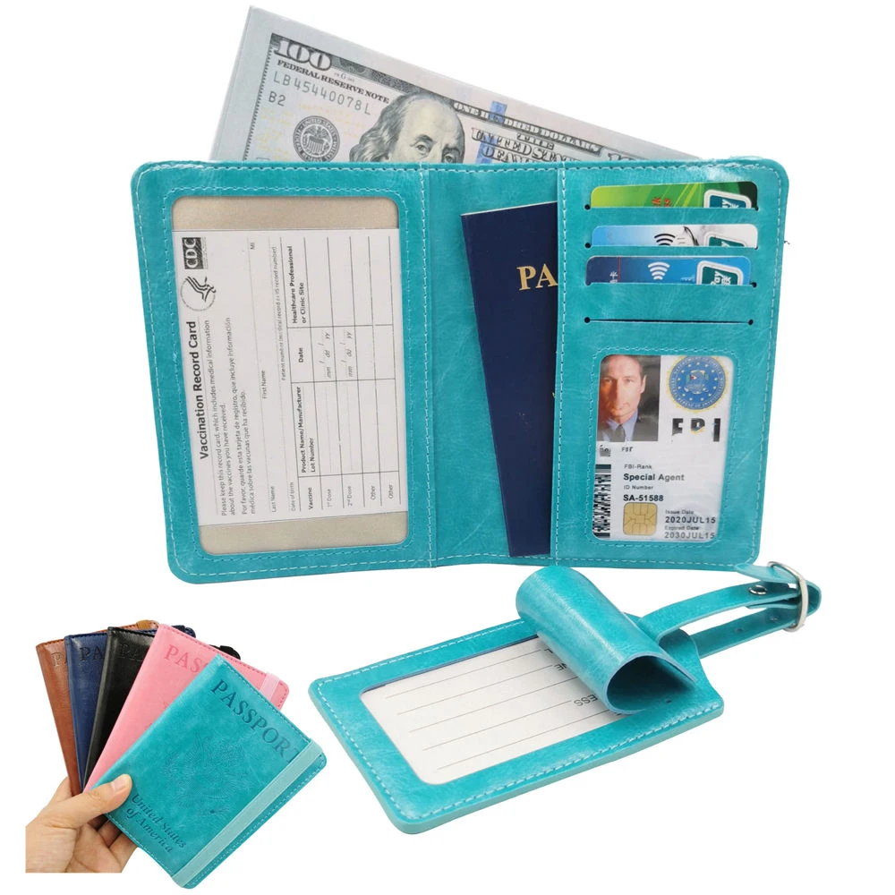 

Wholesale multi-function pu leather RFID blocking travel passport holder wallet with Vaccine card protector case and luggage tag, Kinds of color can choice