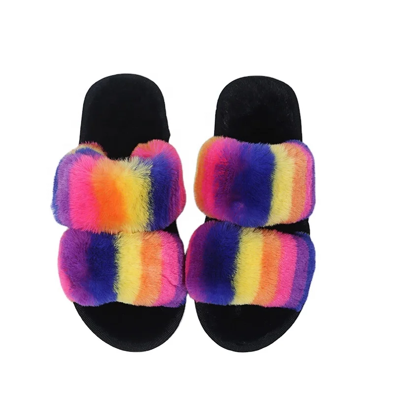 

2022 Fashion warm slippers Cute Plush Fox Fur Fluffy Sandals Colorful Women's Fur Slippers Keep Warm In Winter, Purple / green / pink