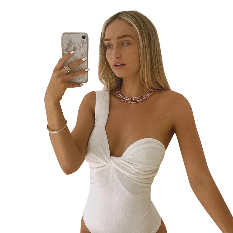 

2021 New Arrivals Sexy Bodusuit Solid Pleated One-shoulder Elegant Jumpsuit Screw Thread Slim Fit Bodysuit For Women