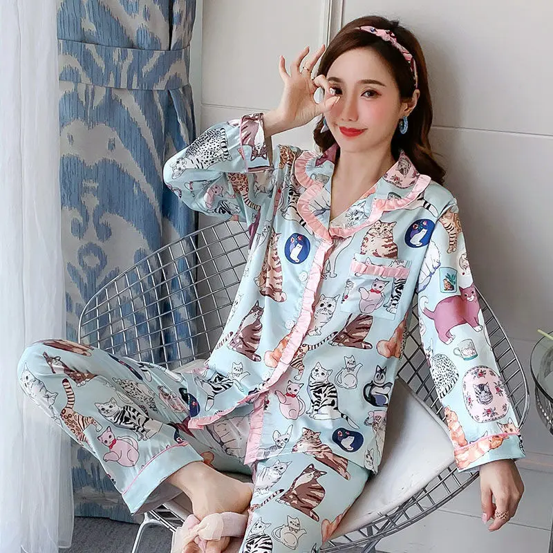 

Fashion Silk Pajamas Sleeping Wear Satin Home Night Wear Womens Loungewear Sets Nightgown Sleepwear Night Suit For Ladies