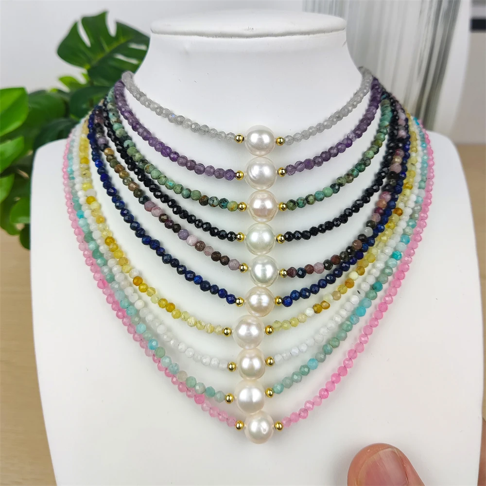 New Tiny Faceted Stone Natural Crystal Beads Necklace Bohemian Freshwater Pearl Beaded Choker Gold Silver for Women-Gift