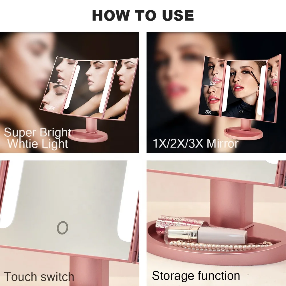 
Design illuminated tri-fold custom table top cosmetic face led light makeup mirror with logo 