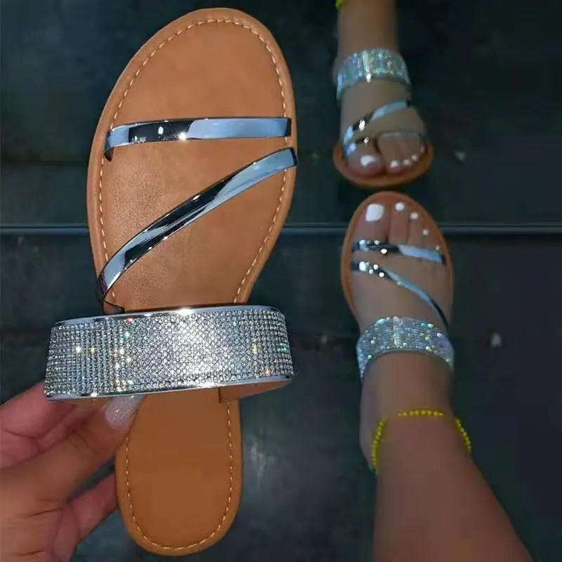 

Women's Gold Silver Metal Sequin Open Toe Beach Slide Sandals, Picture