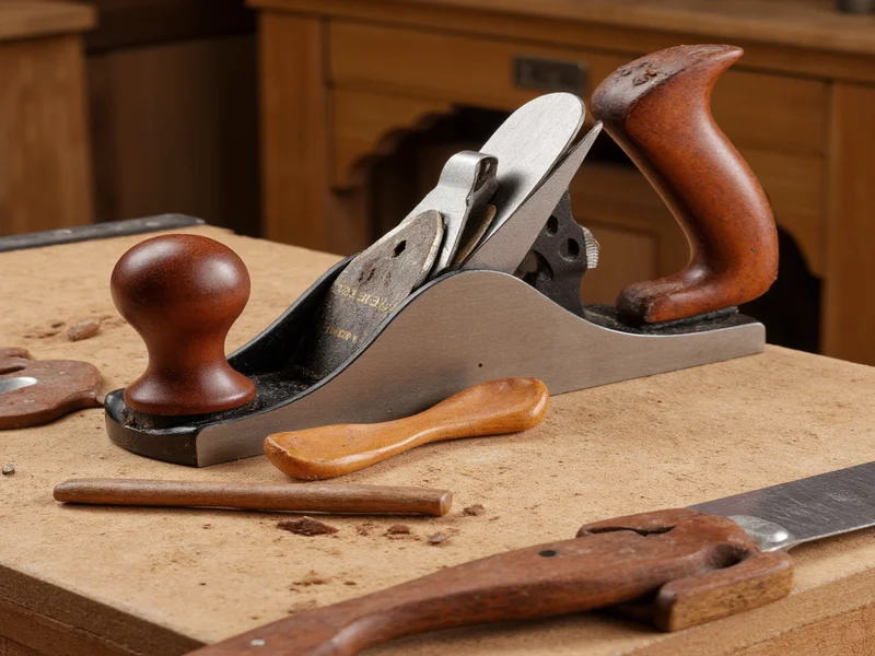 Woodworking tools including block plane and dovetail saw on bench