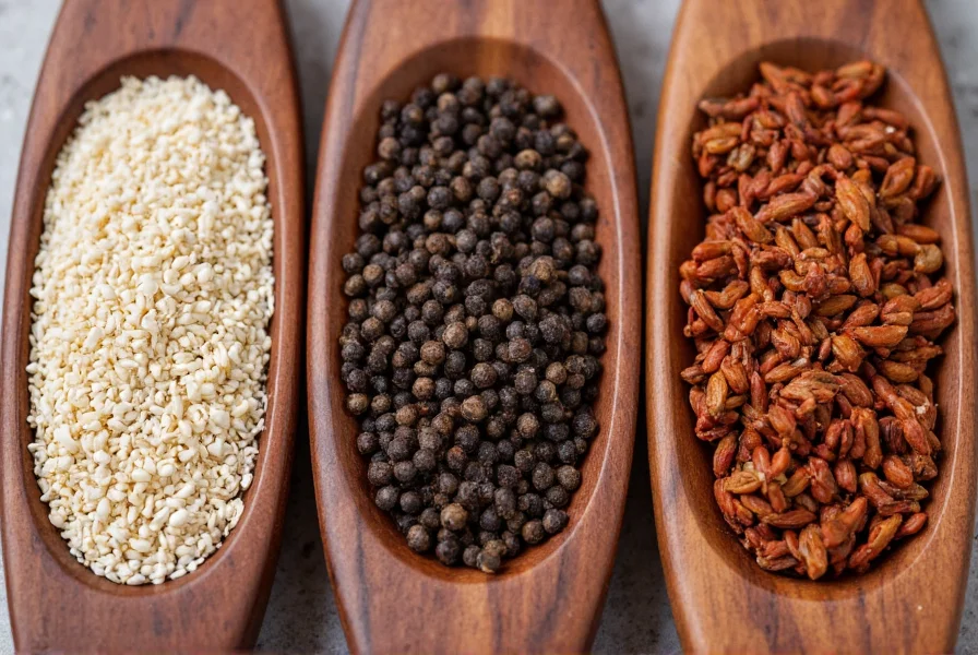 Close-up comparison of white pepper, black pepper, and allspice in small bowls showing visual differences