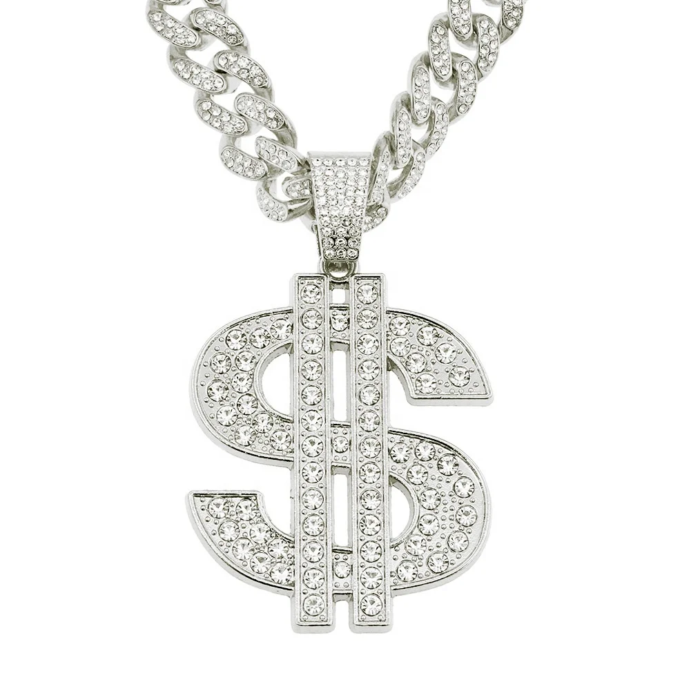 

Iced Out Big Cuban Chain Jewelry Hip Hop Alloy With Rhinestone USD Dollar Symbol Pendant Necklace