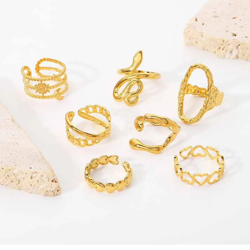 

Wholesale Geometric Summer Stainless Steel Mix Open Jewel Women Finger Free Size Gold Rings Set For Women