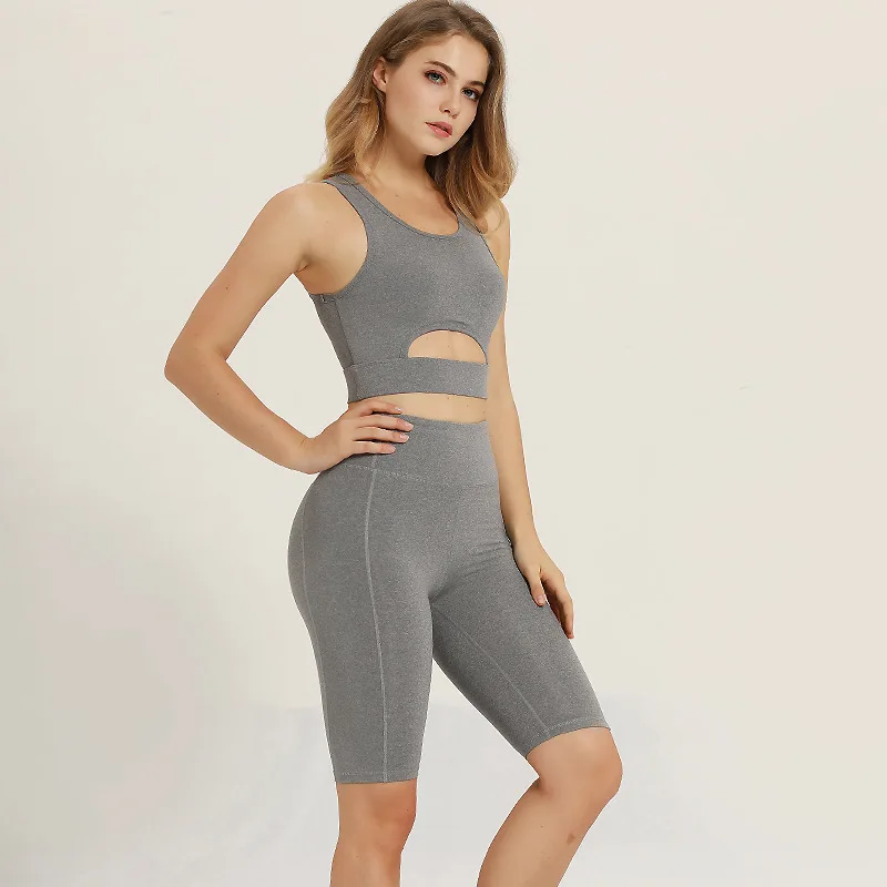 

Fast Shipping Womens Hollow Out Gray Short Yoga Set